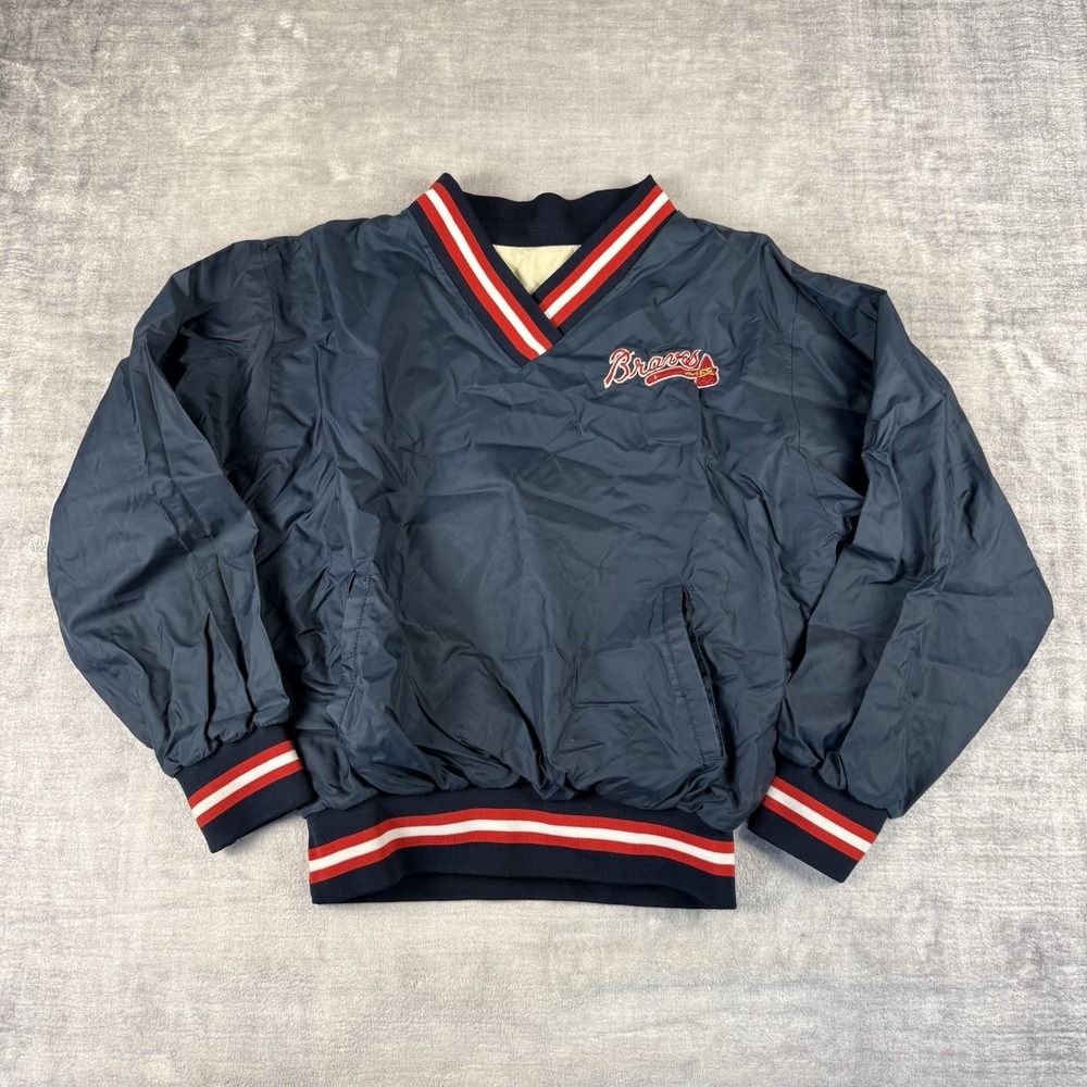Vintage 80s Atlanta Braves Jacket Mens Large Blue Pullover Windbreaker Pockets